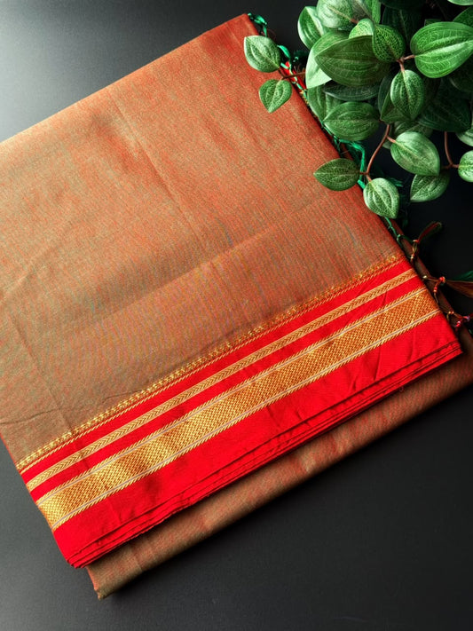 9 Yard Green and Red Dual Tone Ilkal Saree With Red and Golden Zari Border