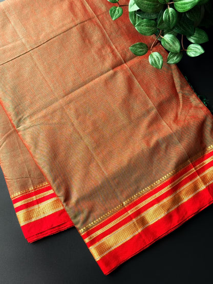 9 Yard Green and Red Dual Tone Ilkal Saree With Red and Golden Zari Border