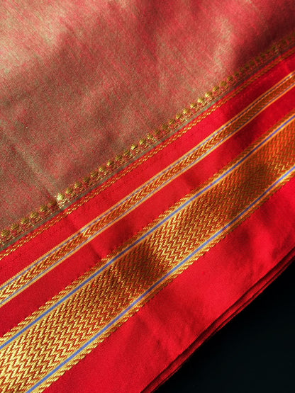 9 Yard Green and Red Dual Tone Ilkal Saree With Red and Golden Zari Border