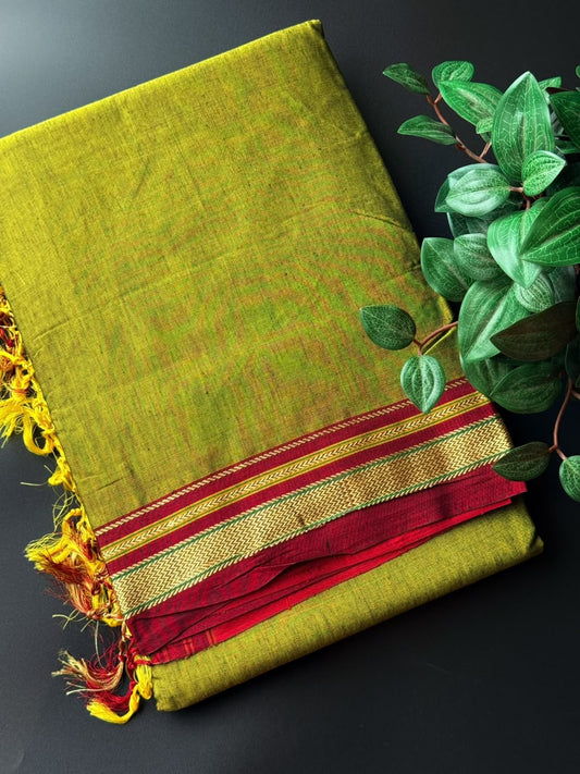 9 Yard Lush Green Ilkal Saree With Maroon and Golden Zari Border