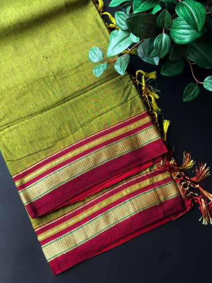 9 Yard Lush Green Ilkal Saree With Maroon and Golden Zari Border