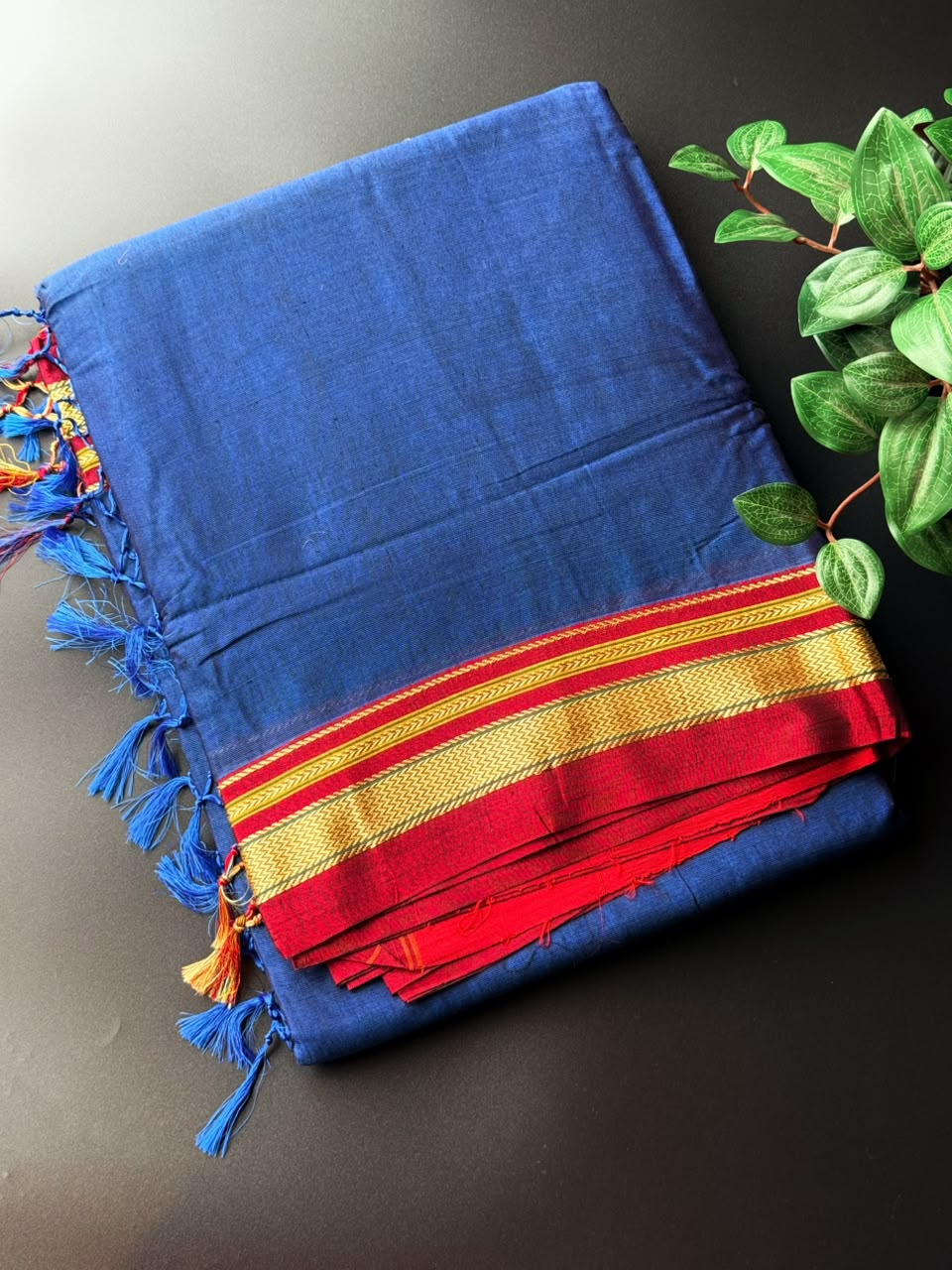 9 Yard Royal Blue Ilkal Saree With Maroon and Golden Zari Border