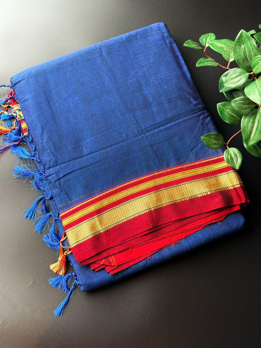 9 Yard Royal Blue Ilkal Saree With Maroon and Golden Zari Border