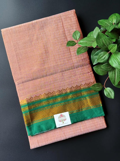 Peach Zari Checks Ilkal Saree With Green and Golden Zari Border